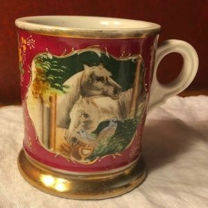 Antique porcelain Shaving Mug Victorian Horse/Equestrian theme rimmed in gold